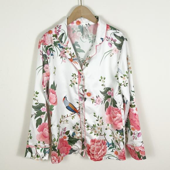 Flora Nikrooz White Bird and Floral Print Satin Pajama Top Size XS - Picture 3 of 8